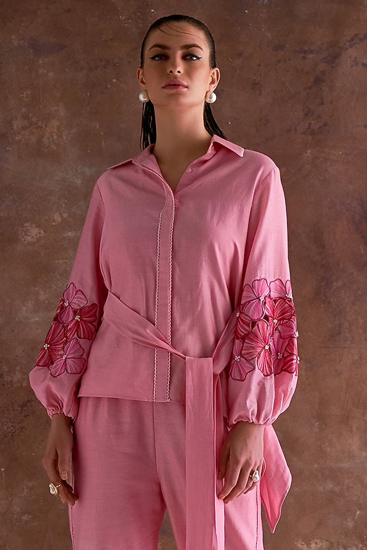 Candy Pink Cutwork Embroidered Chanderi Co-Ord Set by Sakshi Khetterpal at Pernia's Pop Up Shop