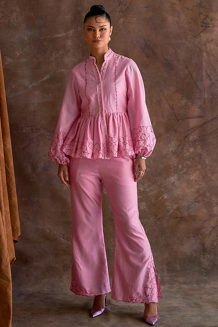 Candy Pink Chanderi Embroidered Co-Ord Set by Sakshi Khetterpal at Pernia's Pop Up Shop