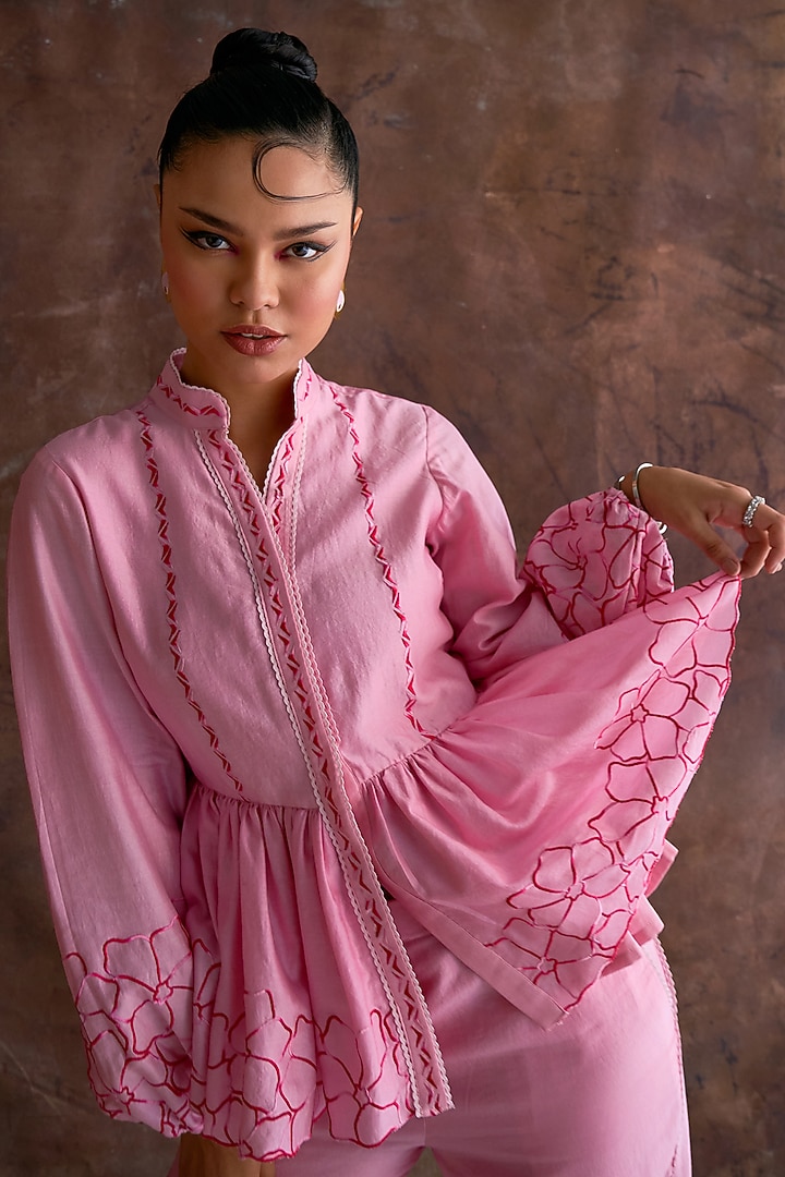 Candy Pink Chanderi Embroidered Co-Ord Set by Sakshi Khetterpal at Pernia's Pop Up Shop