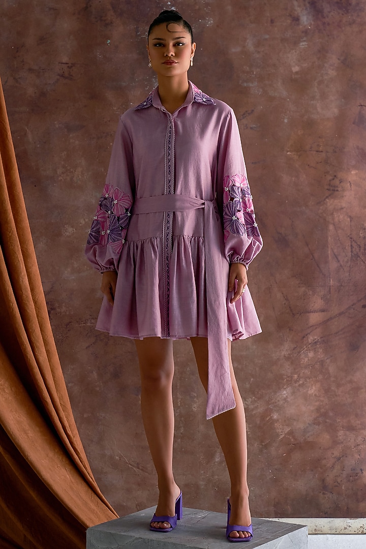 Smokey Grape Chanderi Cutwork Embroidered Tie-Up Mini Vacation Shirt Dress by Sakshi Khetterpal at Pernia's Pop Up Shop