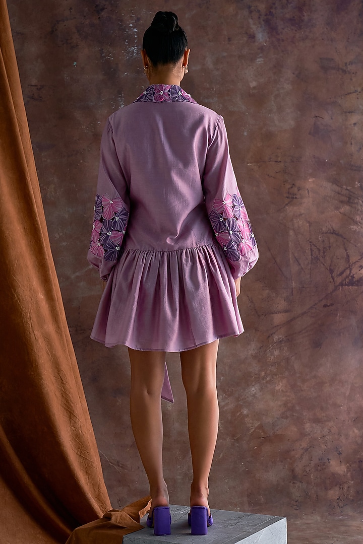 Smokey Grape Chanderi Cutwork Embroidered Tie-Up Mini Vacation Shirt Dress by Sakshi Khetterpal at Pernia's Pop Up Shop