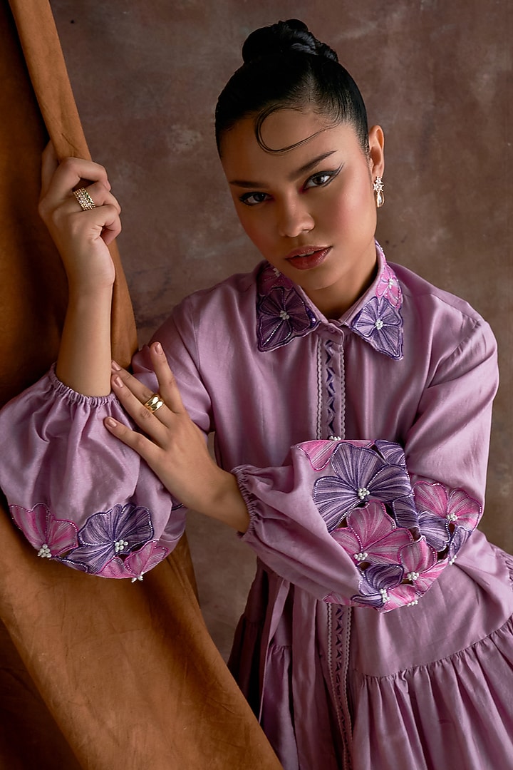 Smokey Grape Chanderi Cutwork Embroidered Tie-Up Mini Vacation Shirt Dress by Sakshi Khetterpal at Pernia's Pop Up Shop