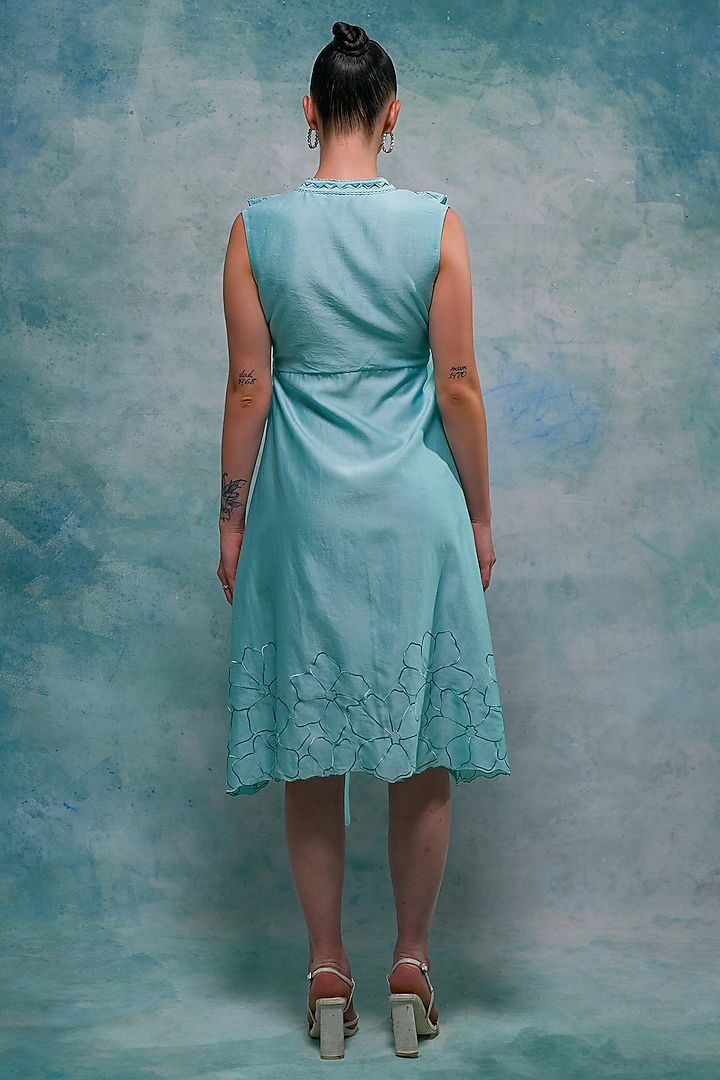 Aqua Ice Blue Chanderi Ruffled Midi Vacation Dress by Sakshi Khetterpal at Pernia's Pop Up Shop