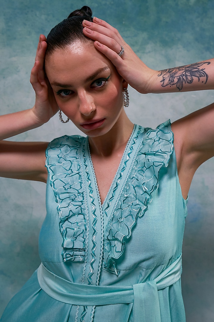 Aqua Ice Blue Chanderi Ruffled Midi Vacation Dress by Sakshi Khetterpal at Pernia's Pop Up Shop