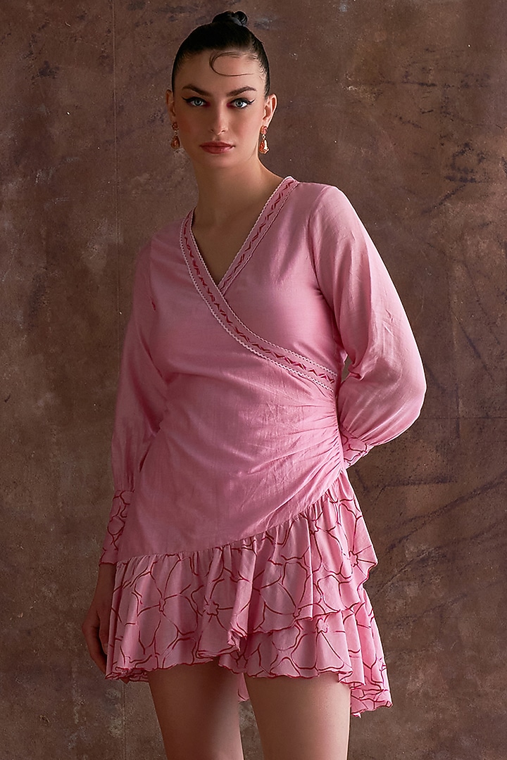 Candy Pink Chanderi Gathered Mini Vacation Dress by Sakshi Khetterpal at Pernia's Pop Up Shop