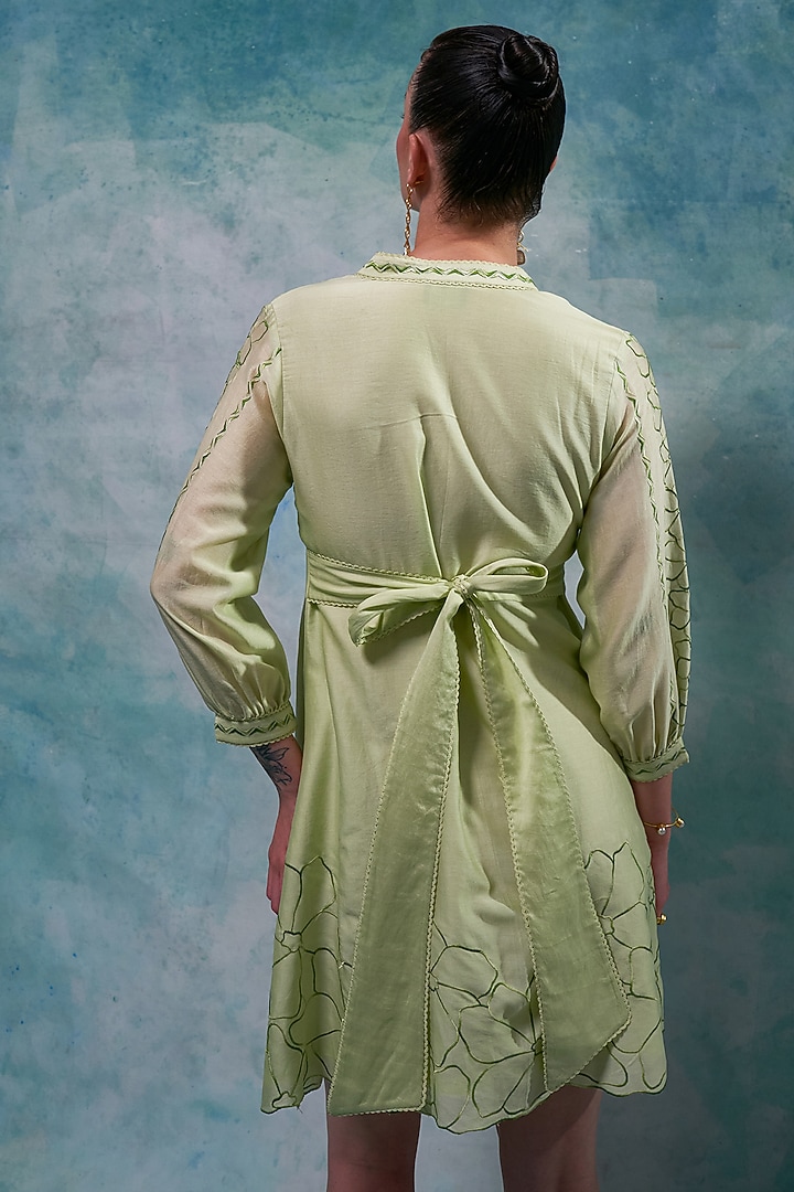 Pistachio Chanderi Machine Embroidered Mini Vacation Dress by Sakshi Khetterpal at Pernia's Pop Up Shop