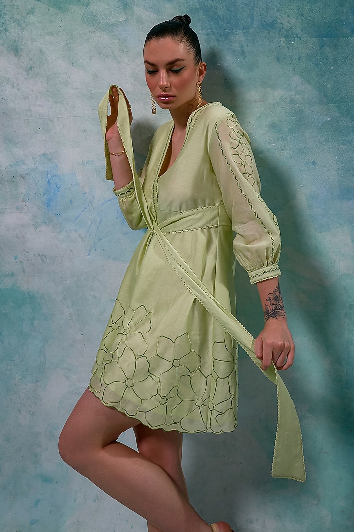 Pistachio Chanderi Machine Embroidered Mini Vacation Dress by Sakshi Khetterpal at Pernia's Pop Up Shop