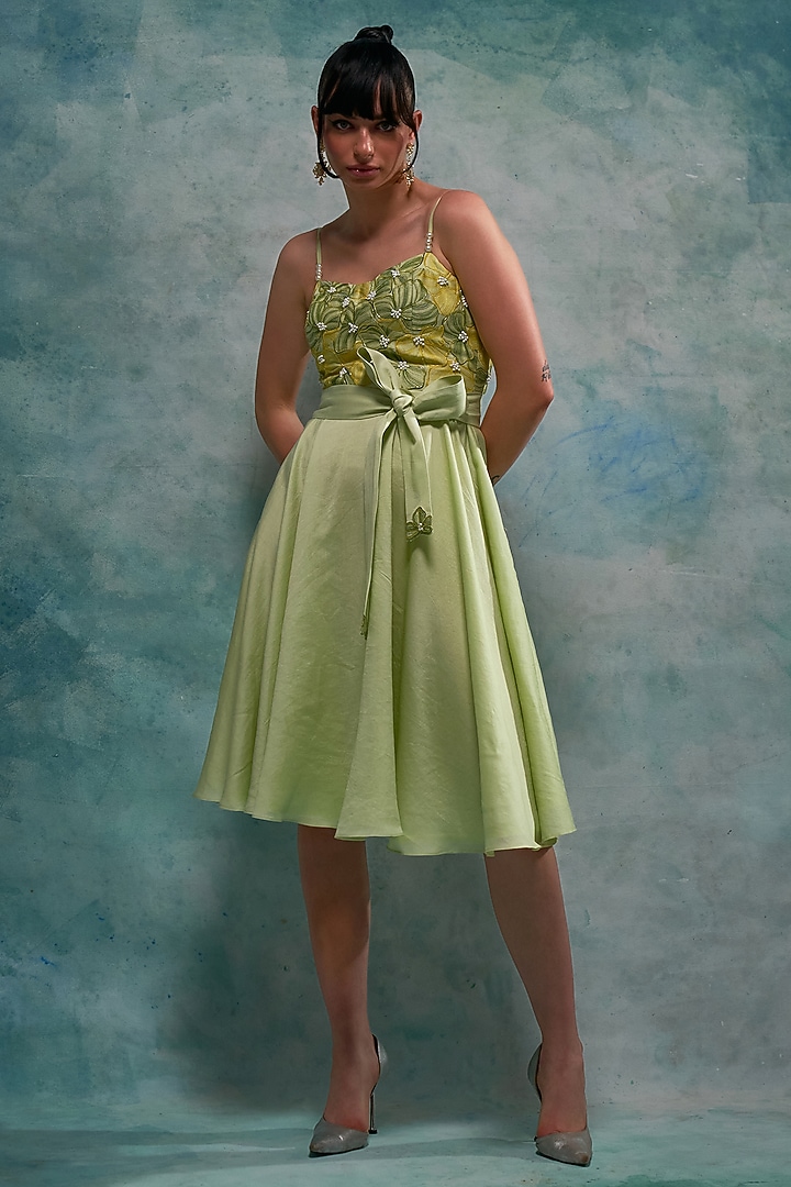 Pistachio Chanderi Hand Embroidered Knee-Length Vacation Dress With Belt by Sakshi Khetterpal at Pernia's Pop Up Shop