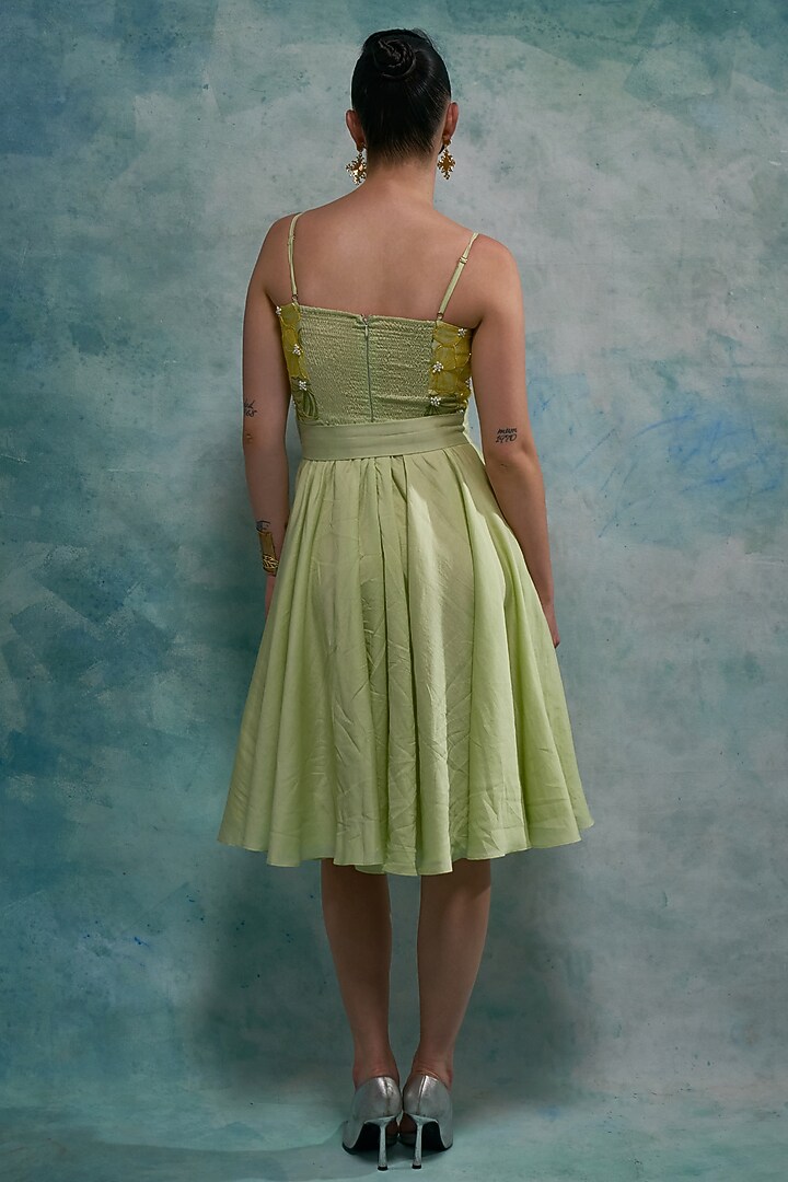 Pistachio Chanderi Hand Embroidered Knee-Length Vacation Dress With Belt by Sakshi Khetterpal at Pernia's Pop Up Shop