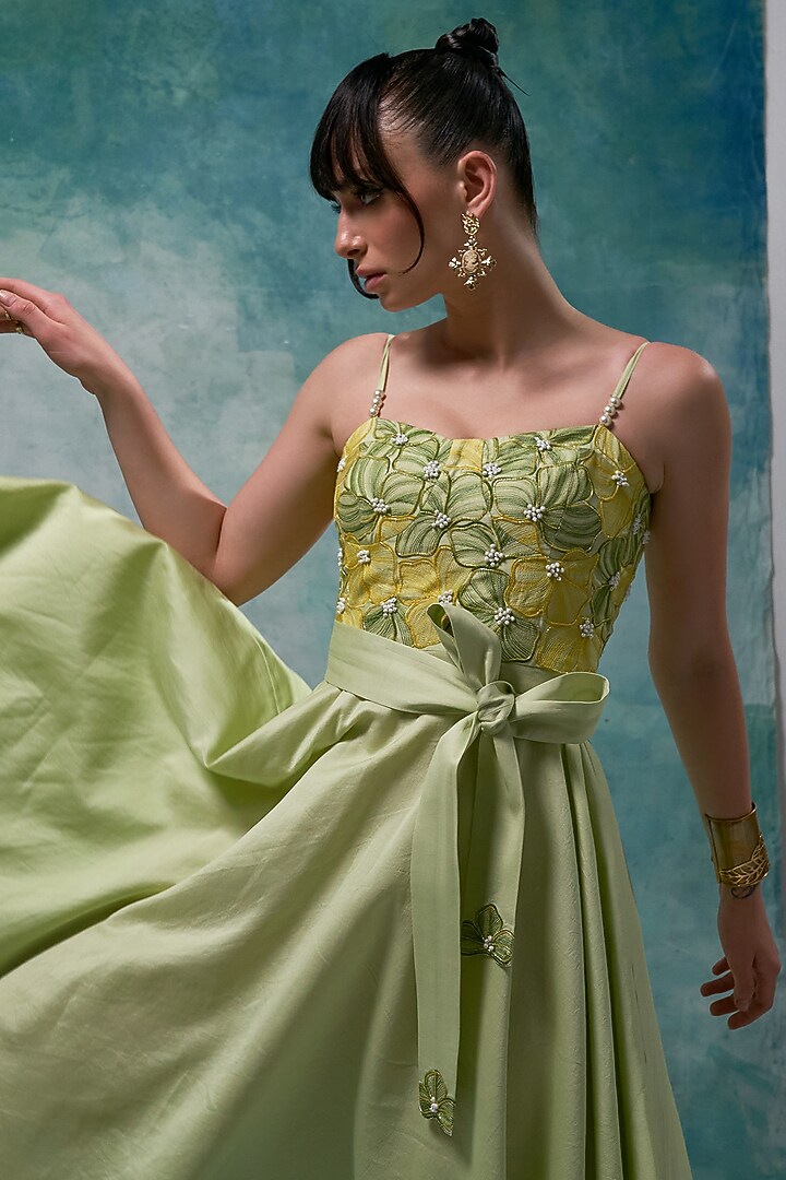 Pistachio Chanderi Hand Embroidered Knee-Length Vacation Dress With Belt by Sakshi Khetterpal at Pernia's Pop Up Shop