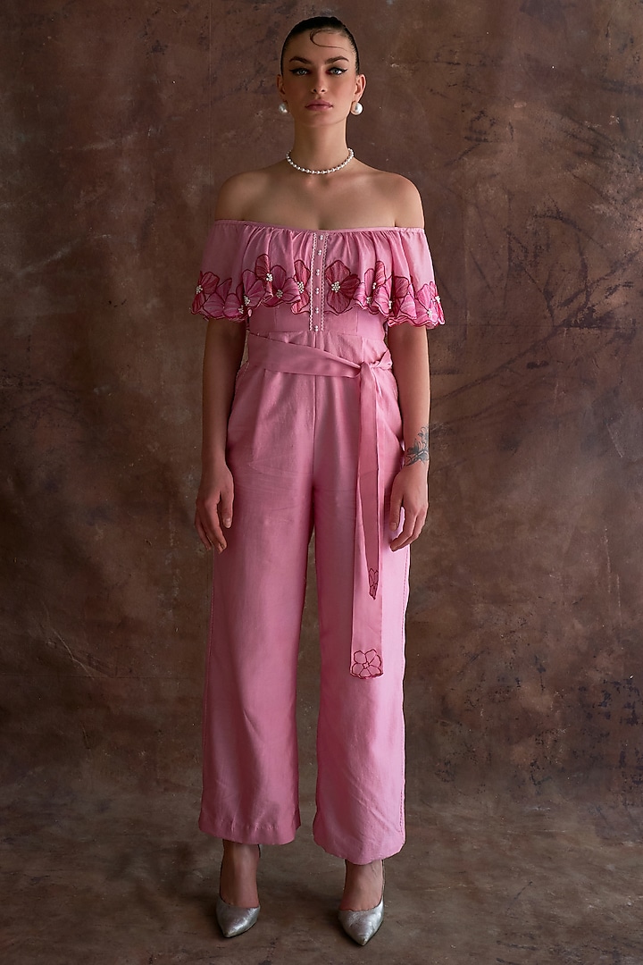 Candy Pink Chanderi Pearl Embroidered Off-Shoulder Jumpsuit With Belt by Sakshi Khetterpal at Pernia's Pop Up Shop