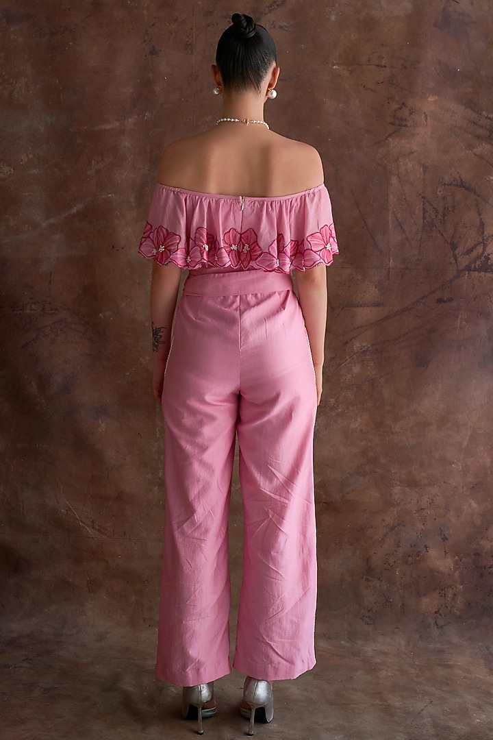 Candy Pink Chanderi Pearl Embroidered Off-Shoulder Jumpsuit With Belt by Sakshi Khetterpal at Pernia's Pop Up Shop