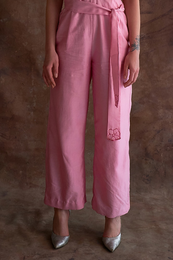 Candy Pink Chanderi Pearl Embroidered Off-Shoulder Jumpsuit With Belt by Sakshi Khetterpal at Pernia's Pop Up Shop