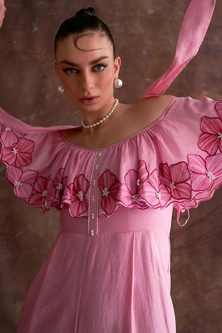 Candy Pink Chanderi Pearl Embroidered Off-Shoulder Jumpsuit With Belt by Sakshi Khetterpal at Pernia's Pop Up Shop