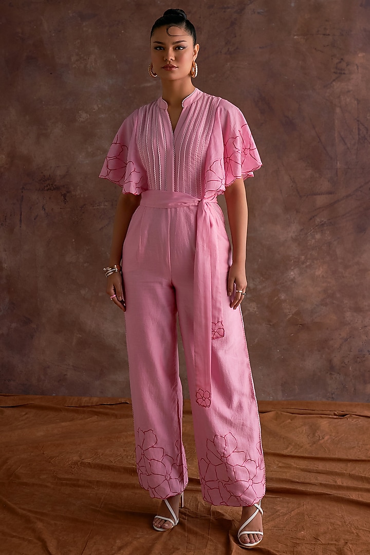 Candy Pink Chanderi Machine Embroidered Jumpsuit With Belt by Sakshi Khetterpal