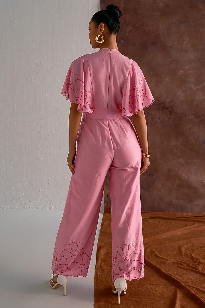 Candy Pink Chanderi Machine Embroidered Jumpsuit With Belt by Sakshi Khetterpal at Pernia's Pop Up Shop