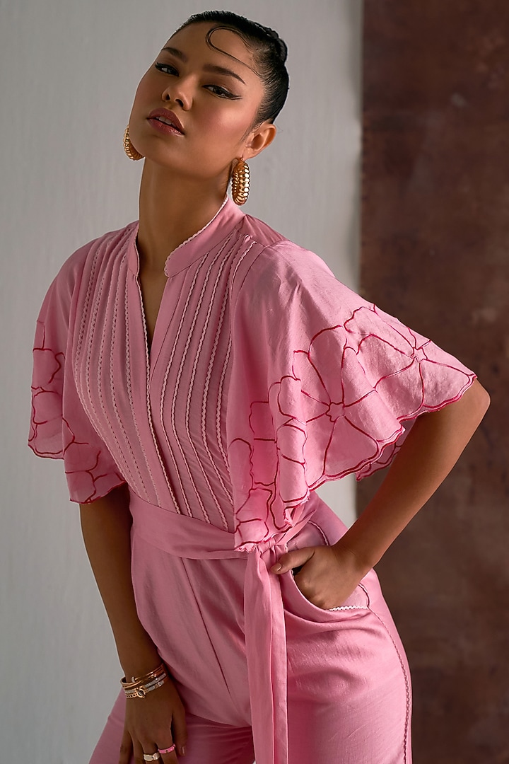 Candy Pink Chanderi Machine Embroidered Jumpsuit With Belt by Sakshi Khetterpal at Pernia's Pop Up Shop