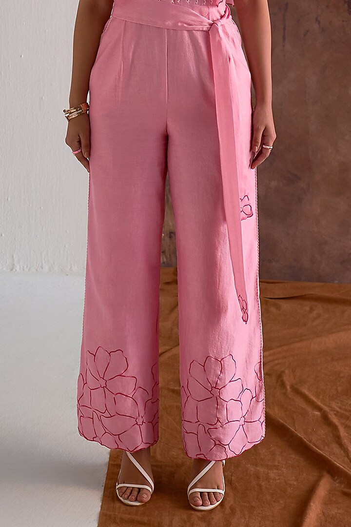 Candy Pink Chanderi Machine Embroidered Jumpsuit With Belt by Sakshi Khetterpal at Pernia's Pop Up Shop