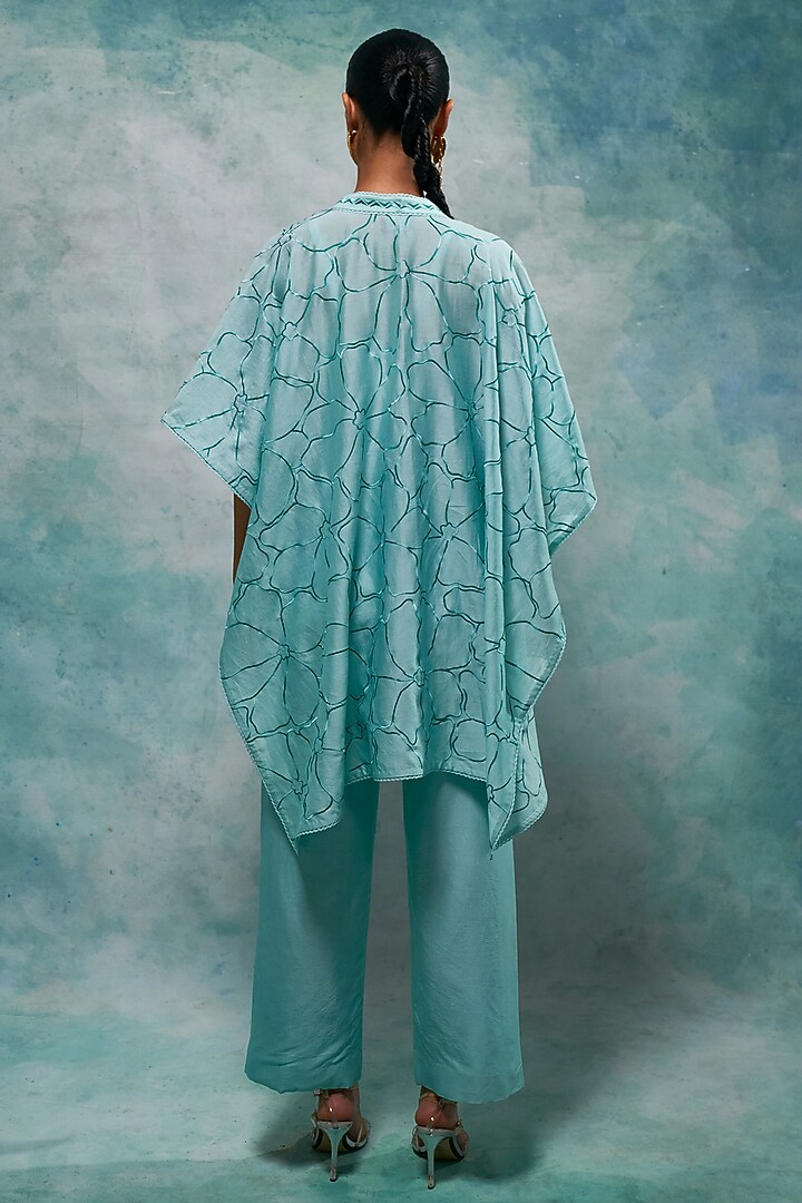 Aqua Ice Blue Chanderi Embroidered Cape Set by Sakshi Khetterpal at Pernia's Pop Up Shop