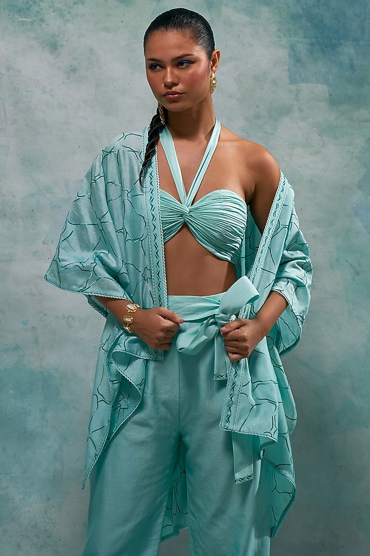 Aqua Ice Blue Chanderi Embroidered Cape Set by Sakshi Khetterpal at Pernia's Pop Up Shop