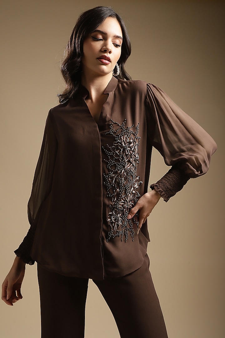 Cocoa Brown Georgette Embroidered Co-Ord Set by Sakshi Khetterpal at Pernia's Pop Up Shop