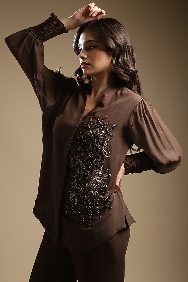 Cocoa Brown Georgette Embroidered Co-Ord Set by Sakshi Khetterpal at Pernia's Pop Up Shop