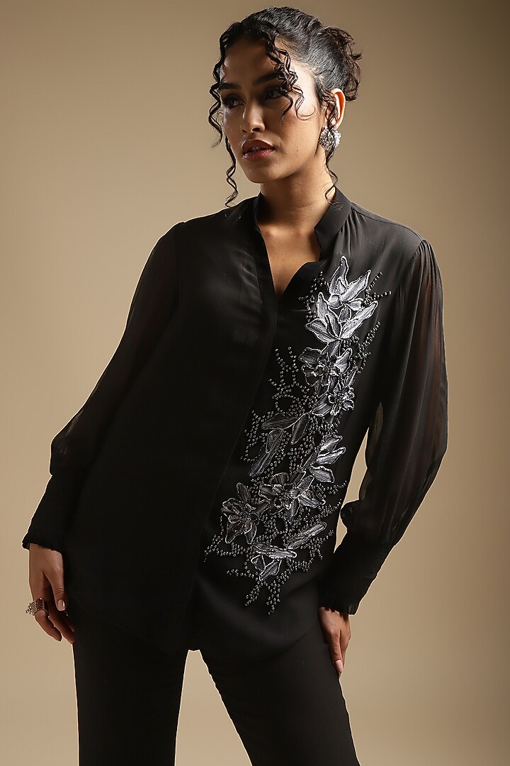 Charcoal Georgette Embroidered Co-Ord Set by Sakshi Khetterpal at Pernia's Pop Up Shop