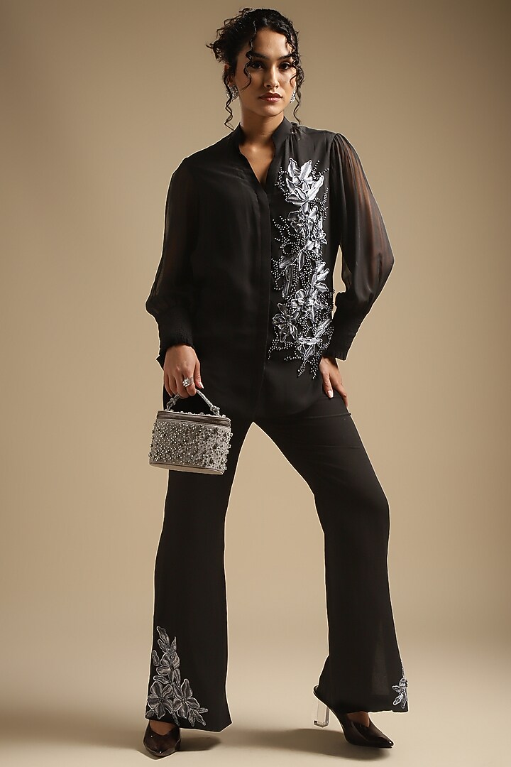 Charcoal Georgette Embroidered Co-Ord Set by Sakshi Khetterpal at Pernia's Pop Up Shop