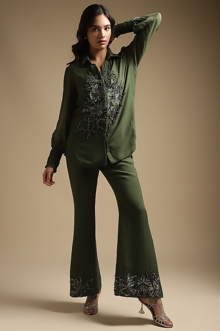 Olive Green Georgette Embroidered Co-Ord Set by Sakshi Khetterpal at Pernia's Pop Up Shop