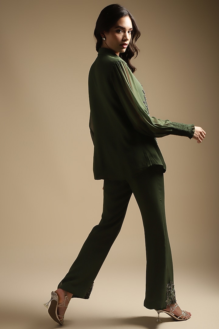 Olive Green Georgette Embroidered Co-Ord Set by Sakshi Khetterpal at Pernia's Pop Up Shop