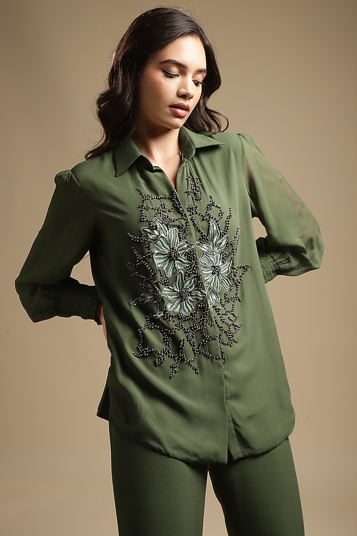 Olive Green Georgette Embroidered Co-Ord Set by Sakshi Khetterpal at Pernia's Pop Up Shop