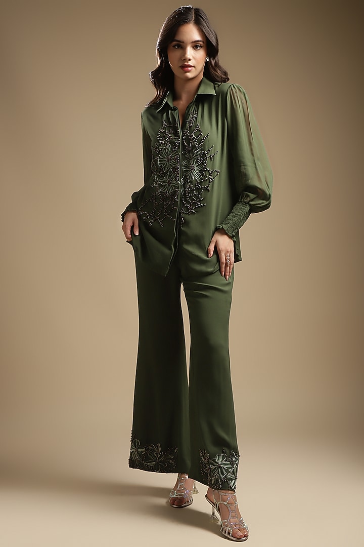 Olive Green Georgette Embroidered Co-Ord Set by Sakshi Khetterpal at Pernia's Pop Up Shop