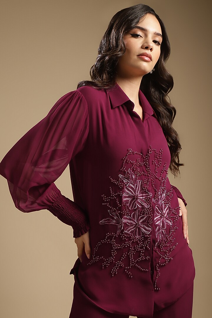 Wine Georgette Embroidered Co-Ord Set by Sakshi Khetterpal at Pernia's Pop Up Shop