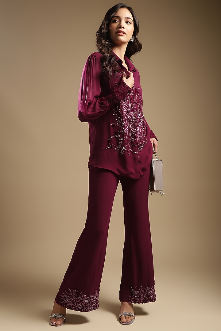 Wine Georgette Embroidered Co-Ord Set by Sakshi Khetterpal at Pernia's Pop Up Shop