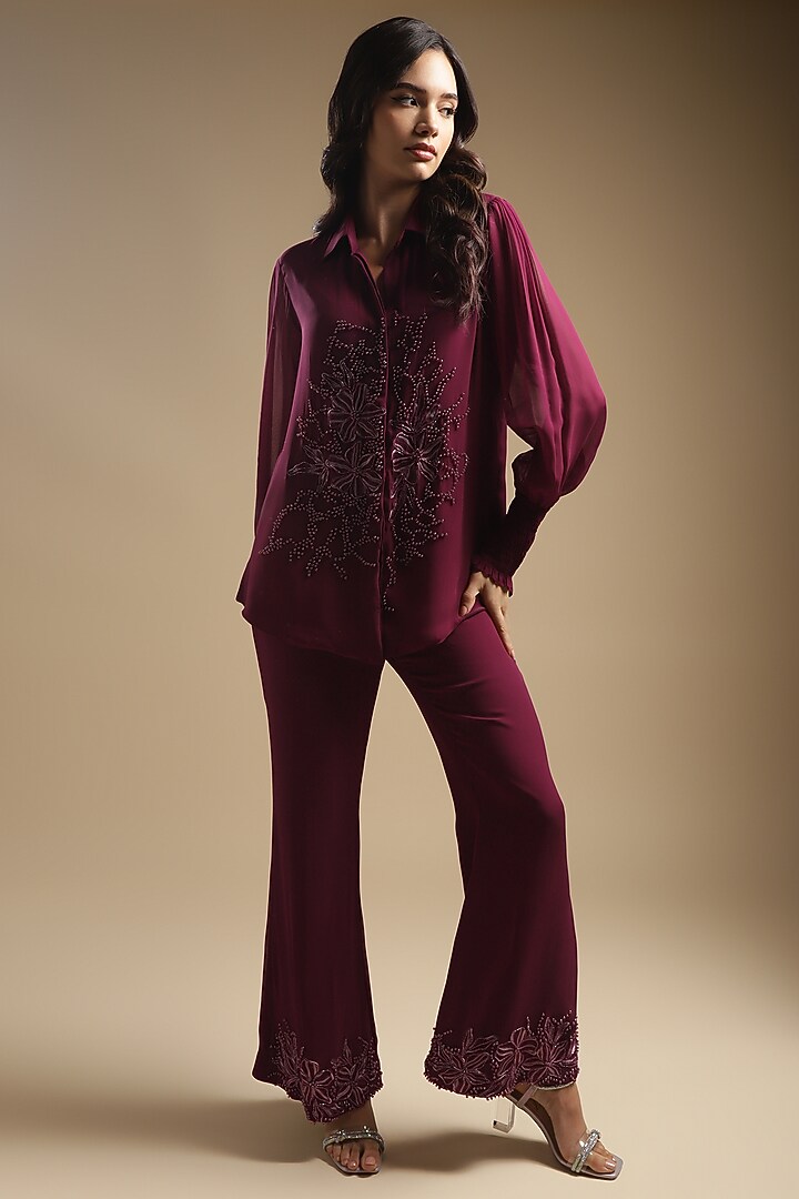 Wine Georgette Embroidered Co-Ord Set by Sakshi Khetterpal at Pernia's Pop Up Shop
