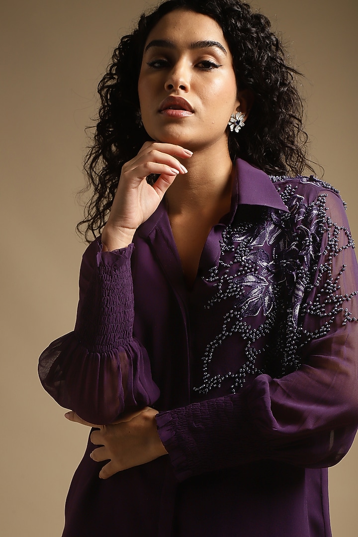 Gothic Purple Georgette Embroidered Co-Ord Set by Sakshi Khetterpal at Pernia's Pop Up Shop