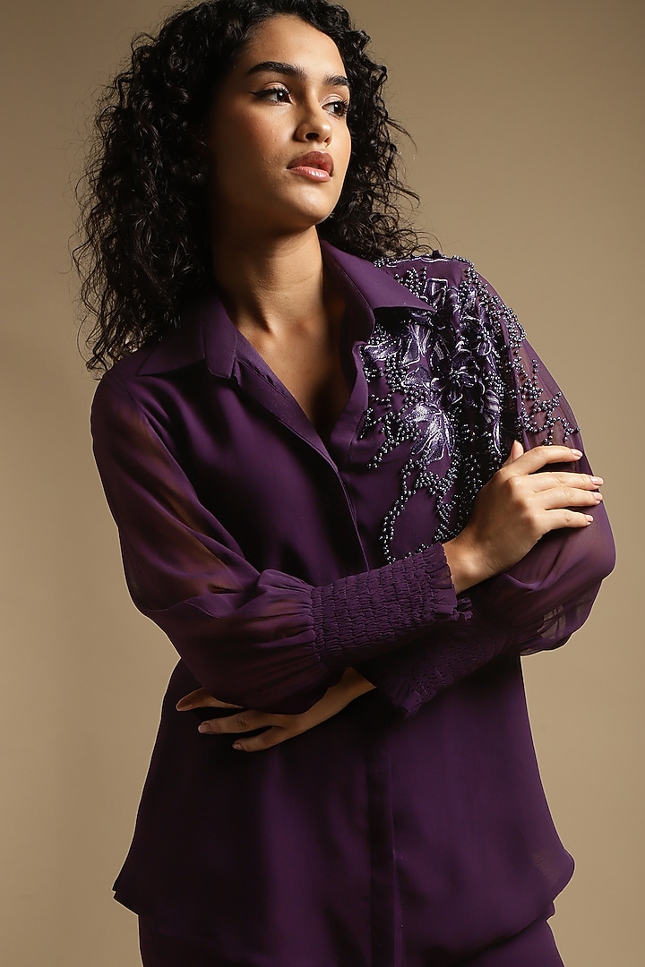 Gothic Purple Georgette Embroidered Co-Ord Set by Sakshi Khetterpal at Pernia's Pop Up Shop