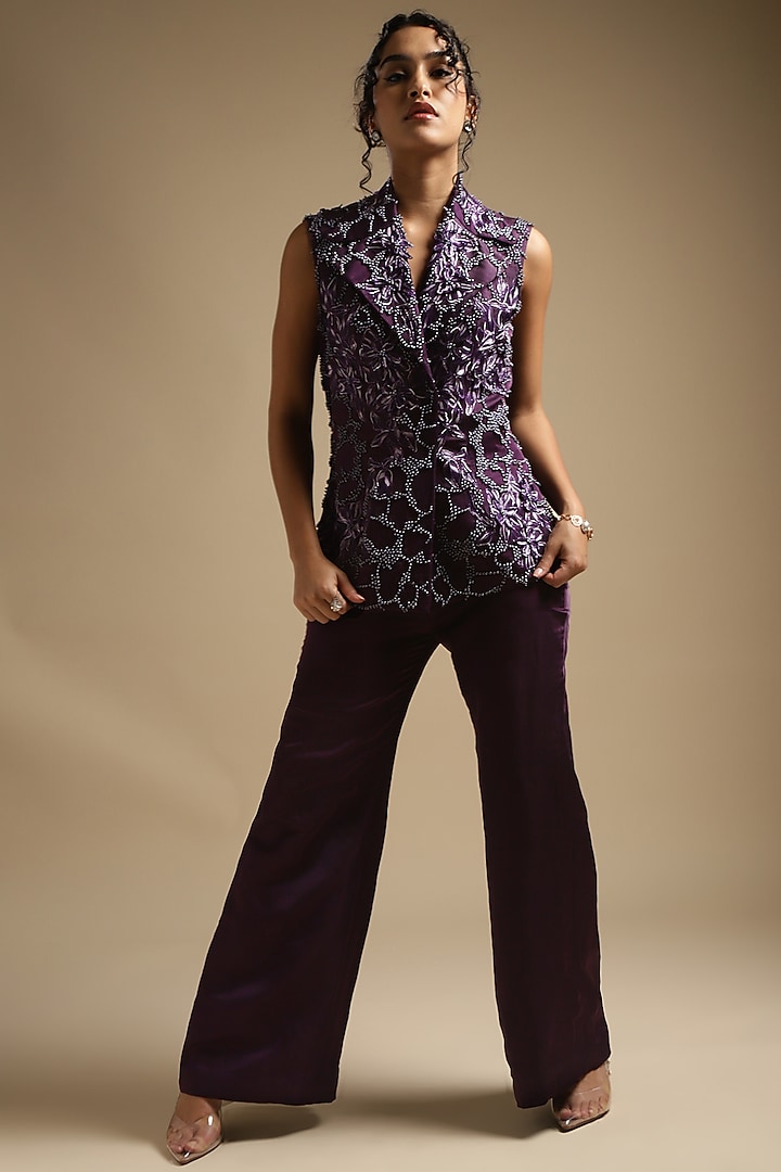 Gothic Purple Satin Linen Embroidered Blazer Set by Sakshi Khetterpal at Pernia's Pop Up Shop