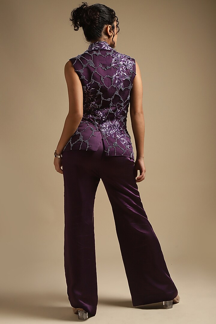 Gothic Purple Satin Linen Embroidered Blazer Set by Sakshi Khetterpal at Pernia's Pop Up Shop