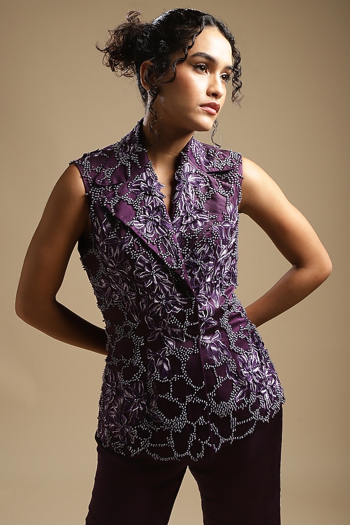Gothic Purple Satin Linen Embroidered Blazer Set by Sakshi Khetterpal at Pernia's Pop Up Shop