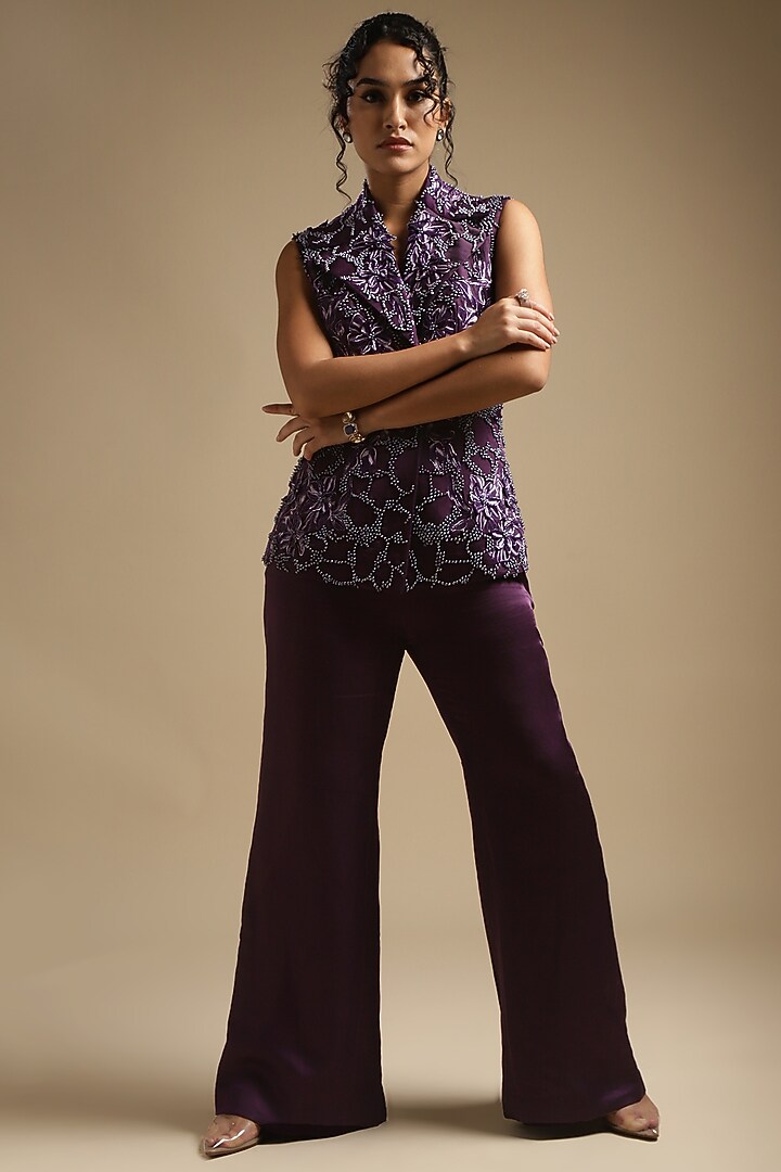 Gothic Purple Satin Linen Embroidered Blazer Set by Sakshi Khetterpal at Pernia's Pop Up Shop