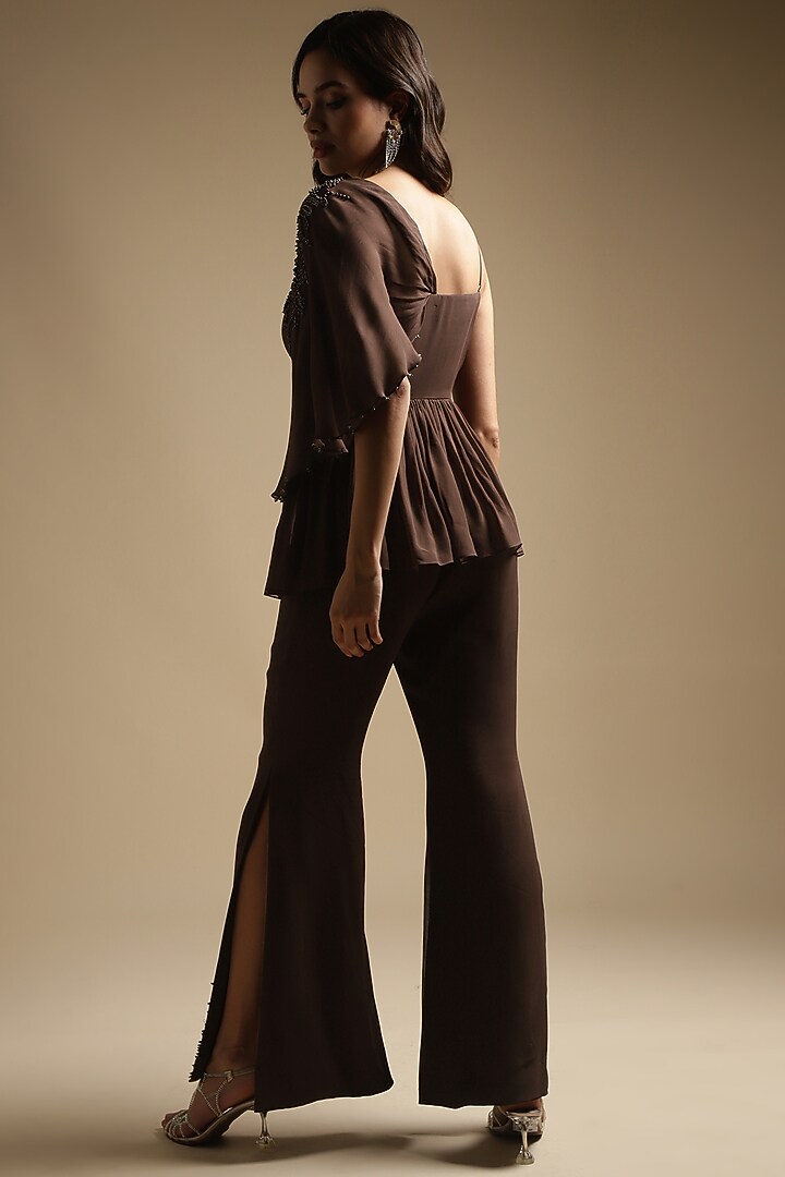 Cocoa Brown Georgette Embroidered Co-Ord Set by Sakshi Khetterpal at Pernia's Pop Up Shop