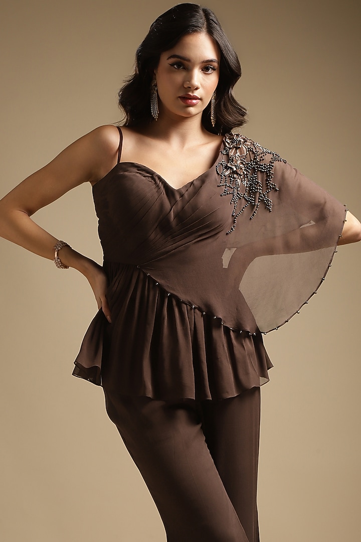 Cocoa Brown Georgette Embroidered Co-Ord Set by Sakshi Khetterpal at Pernia's Pop Up Shop