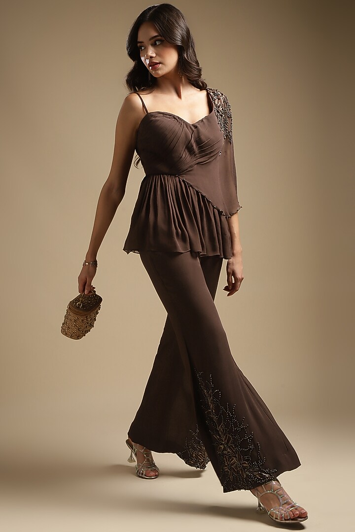 Cocoa Brown Georgette Embroidered Co-Ord Set by Sakshi Khetterpal at Pernia's Pop Up Shop