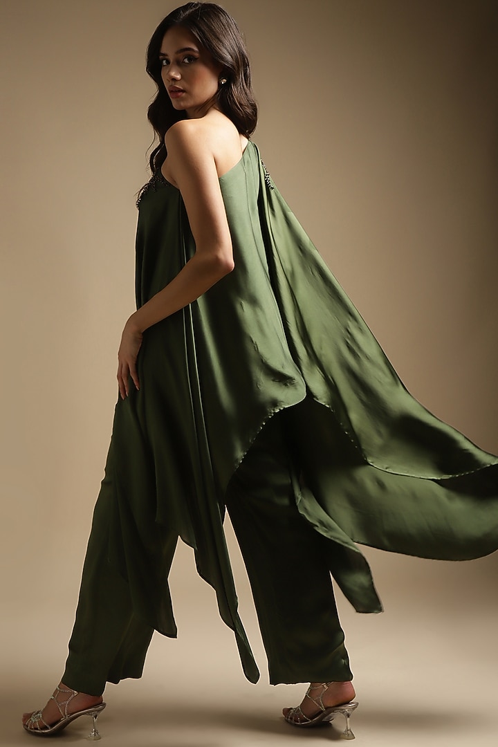 Olive Green Italian Satin Embroidered Co-Ord Set by Sakshi Khetterpal at Pernia's Pop Up Shop