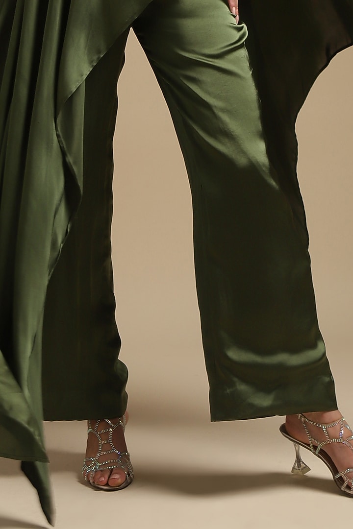 Olive Green Italian Satin Embroidered Co-Ord Set by Sakshi Khetterpal at Pernia's Pop Up Shop