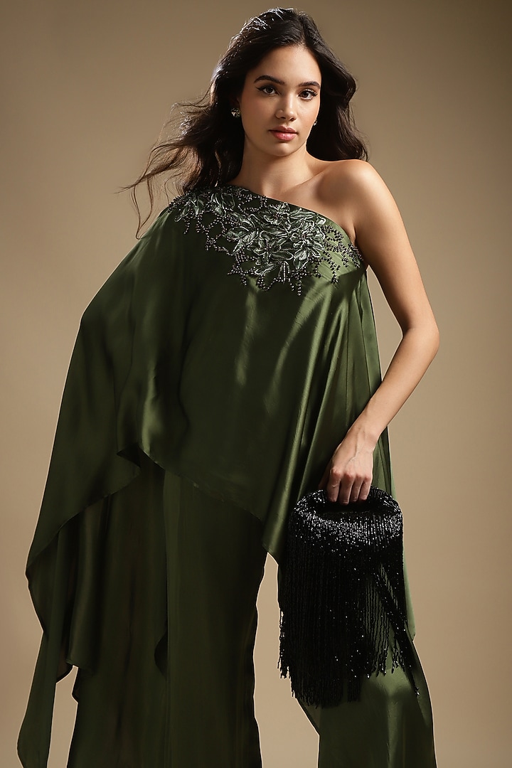 Olive Green Italian Satin Embroidered Co-Ord Set by Sakshi Khetterpal at Pernia's Pop Up Shop
