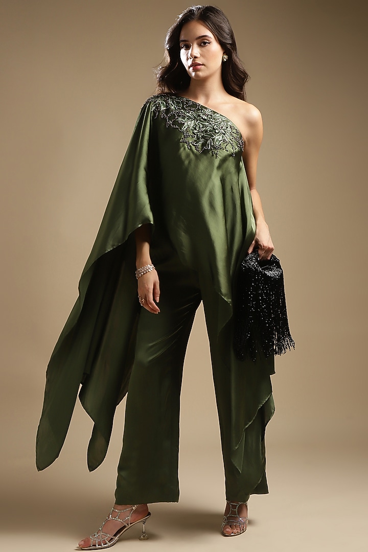 Olive Green Italian Satin Embroidered Co-Ord Set by Sakshi Khetterpal at Pernia's Pop Up Shop