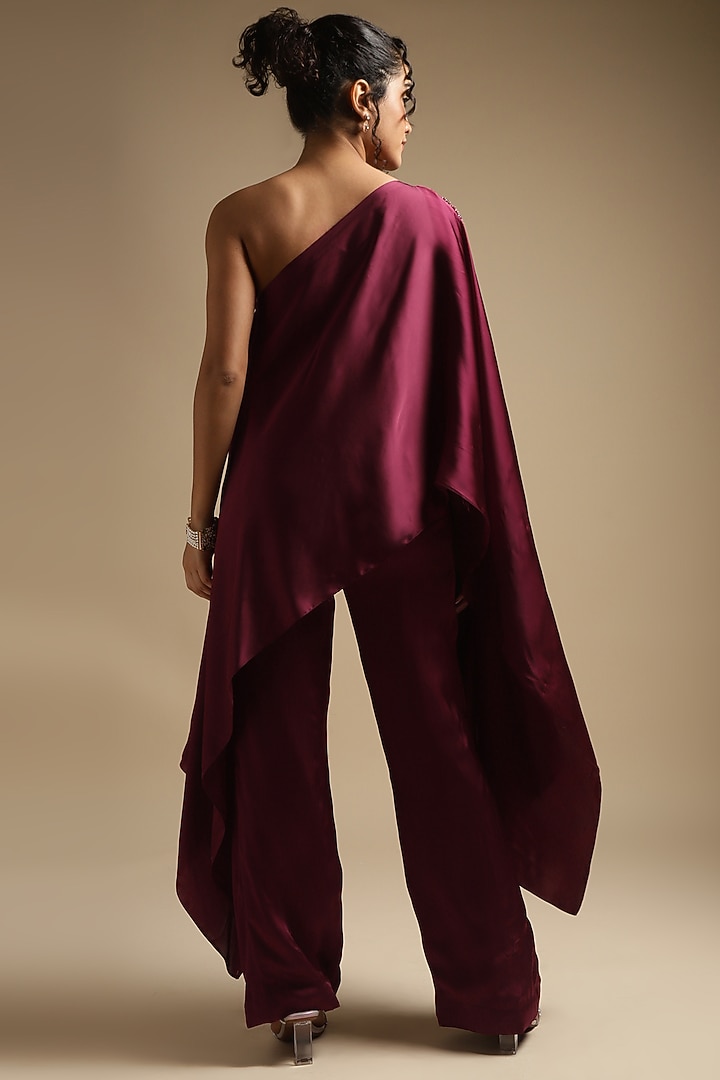 Wine Italian Satin Embroidered Co-Ord Set by Sakshi Khetterpal at Pernia's Pop Up Shop