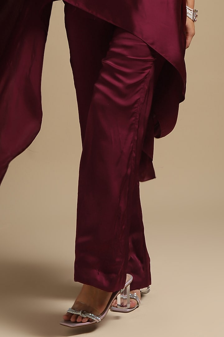 Wine Italian Satin Embroidered Co-Ord Set by Sakshi Khetterpal at Pernia's Pop Up Shop